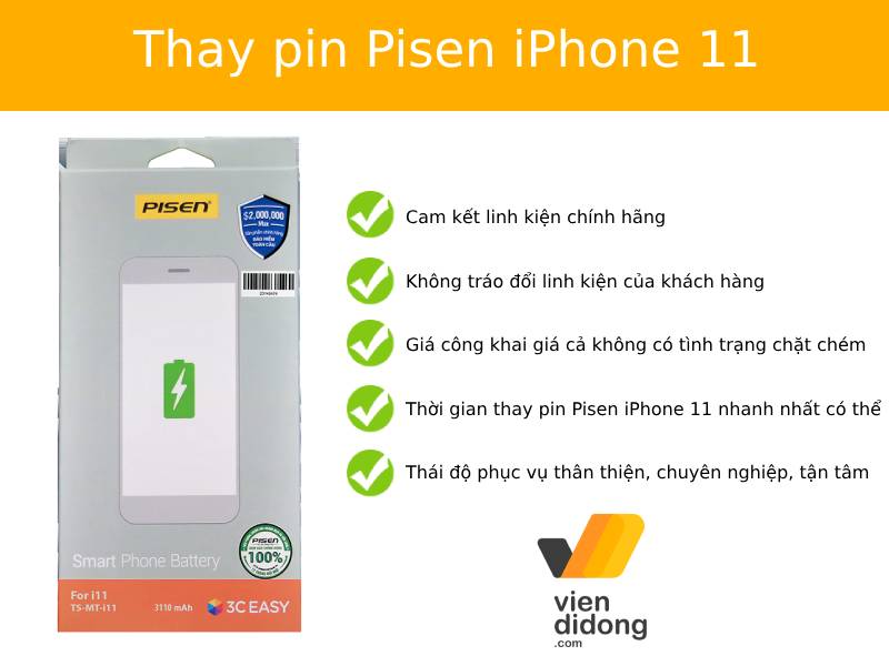 Thay pin Pisen iPhone 11 tại Viện Di Động