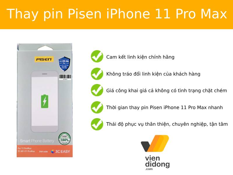 Thay pin Pisen iPhone 11 Pro Max tại Viện Di Động