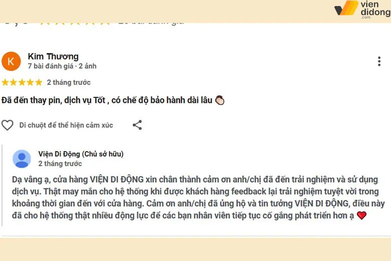 Những đánh giá tích cực của khách hàng khi sử dụng dịch vụ thay pin iPhone tại Viện Di Động