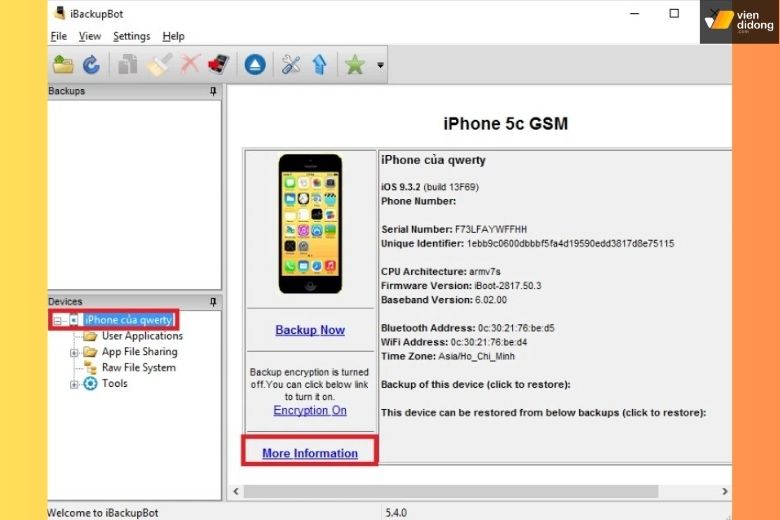 Cách kiểm tra độ chai pin iPhone siêu chính xác, đơn giản và nhanh chóng 3 Trong phần mềm iBackupBot bạn chọn vào phần More Information