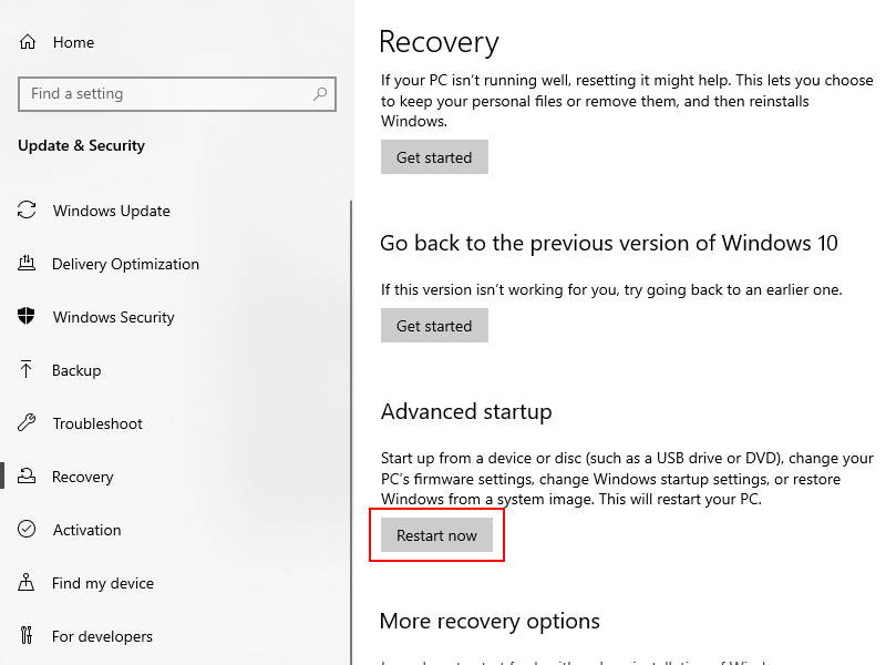 gỡ bản cập nhật Windows 10 recovery