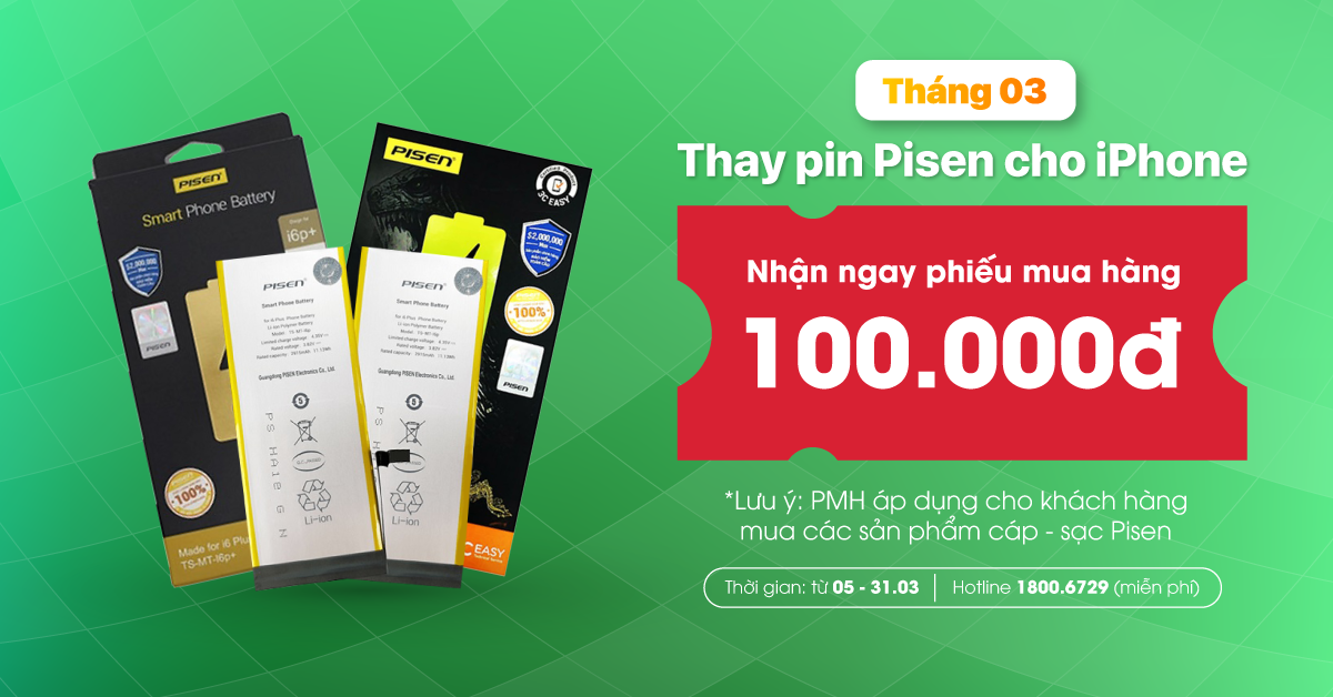 Tháng 03, Thay pin Pisen cho iPhone tại Viện Di Động nhận ngay PMH 100.000đ