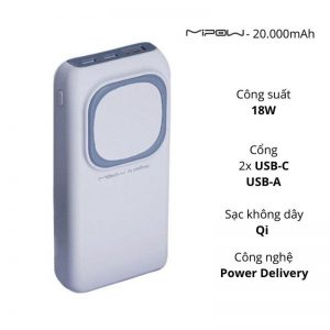 Pin sạc dự phòng không dây Mipow Power Cube 20.000mAh 2C1A Chính hãng
