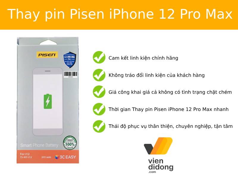 Thay pin Pisen iPhone 12 Pro Max tại Viện Di Động
