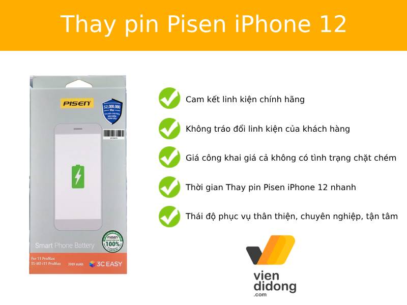 Thay pin Pisen iPhone 12 tại Viện Di Động