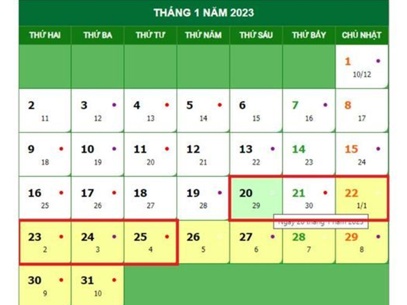 Phương án 1 lịch nghỉ Tết Nguyên Đán 2023 của lao động nghỉ 1 ngày chủ nhật/tuần