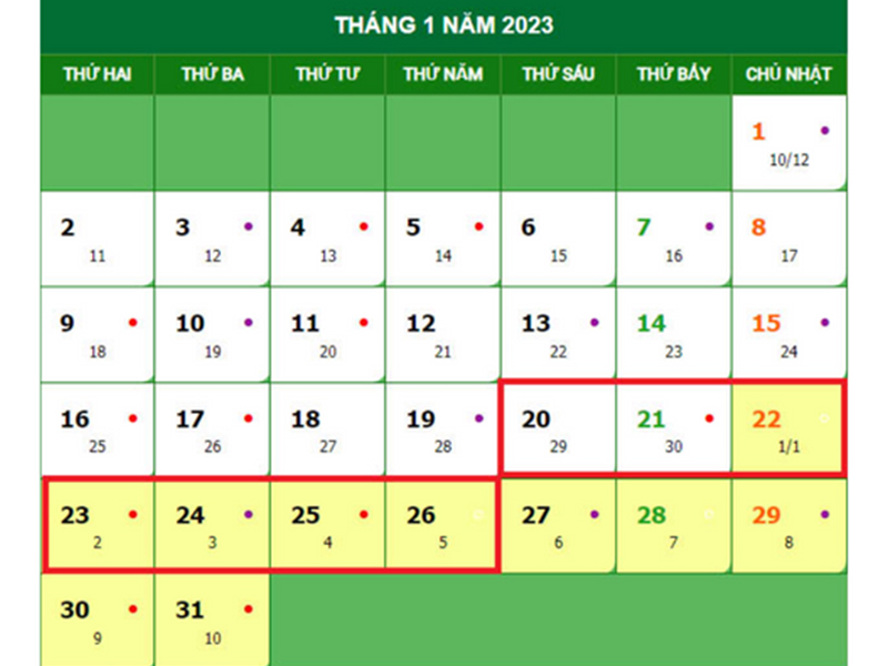 Phương án 1 lịch nghỉ Tết Nguyên Đán2023 của công chức, viên chức Việt Nam