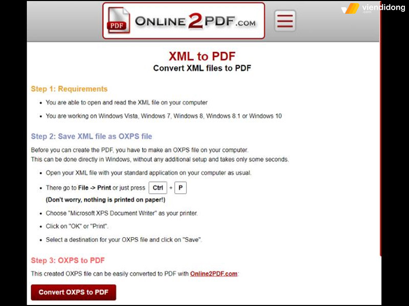 chuyển file XML sang PDF online2pdf