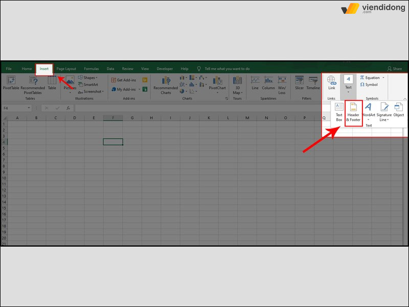 Đánh số trang trong Excel insert 1