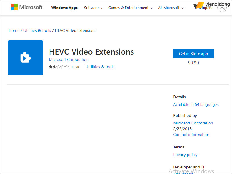 cài đặt codec HEVC extensions