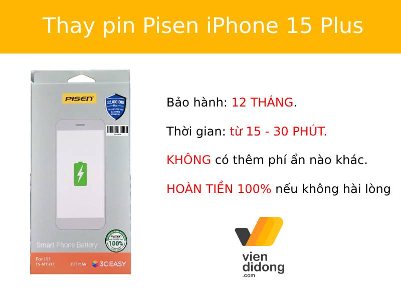 Thay pin Pisen iPhone 15 Plus tại Viện Di Động