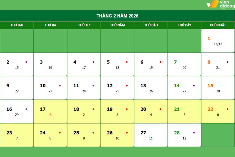 Lịch nghỉ tết Nguyên Đán 2026