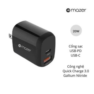 Sạc nhanh 20W Mazer 2 in 1 - Đen-(Cũ)