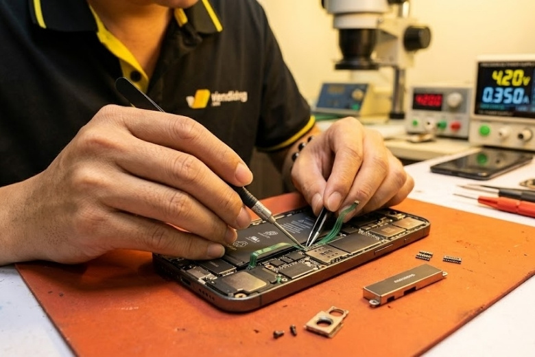 Kỹ thuật viên dùng nhíp đặt ron kháng nước trên iPhone 15