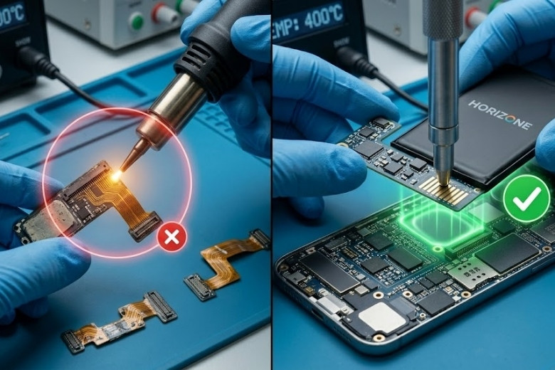 Thay pin Horizone iPhone 15 Pro Max 4 So sánh rủi ro khi khò nhiệt cáp BMS pin cũ và gắn socket pin nguyên bản an toàn