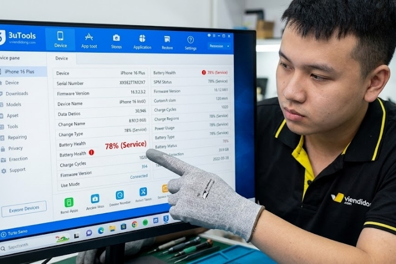 kiểm tra thông số pin qua 3uTools sau sửa chữa