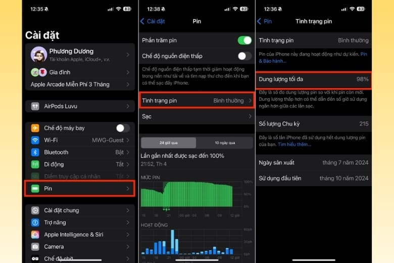 Lỗi pin iPhone 12 Pro kiểm tra Battery Health