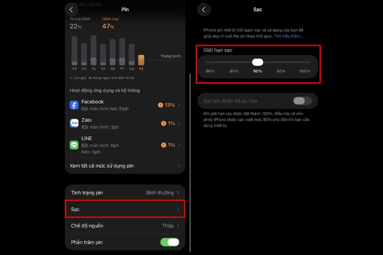 Bật giới hạn sạc (Optimized Battery Charging)