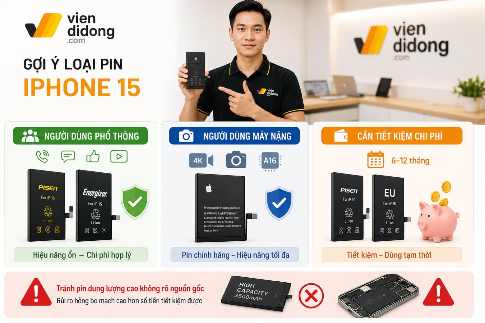 Kỹ thuật viên Viện Di Động gợi ý loại pin iPhone 15
