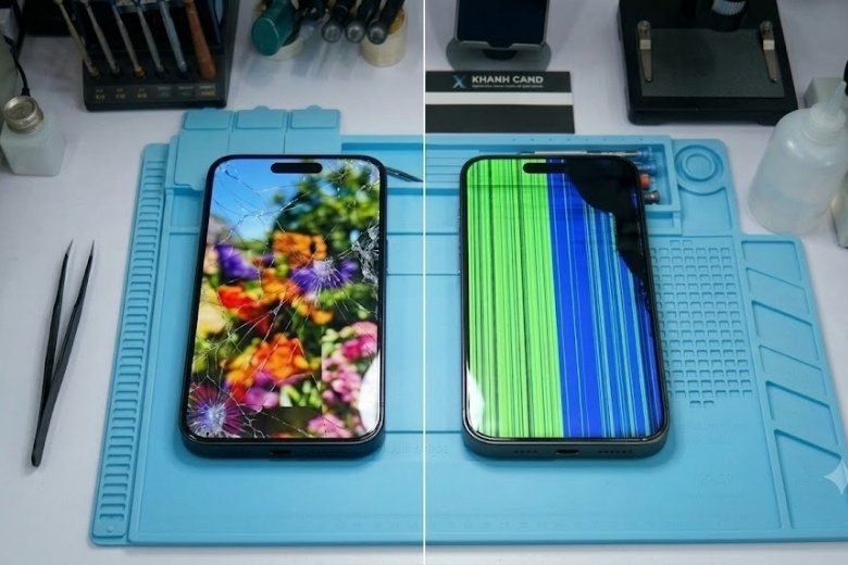 Thay màn hình iPhone 16 Pro chính hãng: Cập nhật bảng giá mới nhất 2 So sánh tình trạng vỡ kính ngoài và chảy mực sọc xanh trên màn hình iPhone 16 Pro