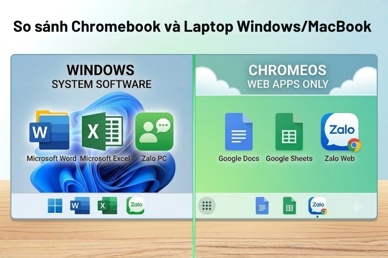 So sánh giao diện phần mềm cục bộ trên Windows và ứng dụng web trên Chromebook