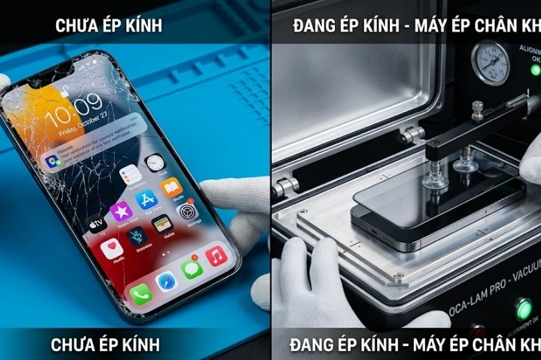 So sánh màn hình iPhone vỡ kính và màn hình đã được ép kính mới