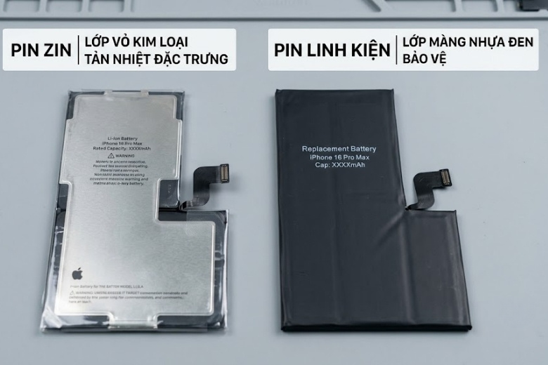 So sánh ngoại hình viên pin zin chính hãng vỏ kim loại và pin linh kiện iPhone 16 Pro Max