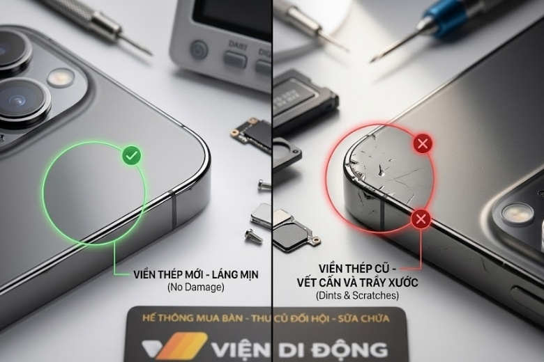 So sánh viền thép xước cấn của iPhone cũ 98% so với viền láng mịn của iPhone 99%