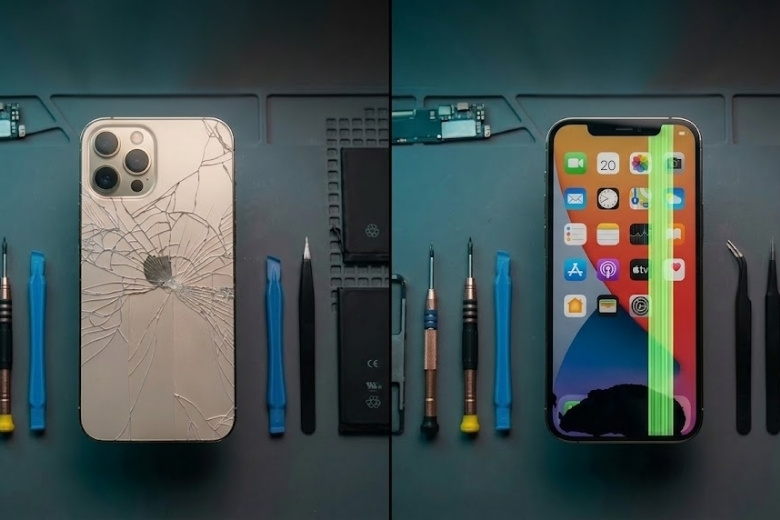 So sánh tình trạng vỡ mặt kính ngoài và hỏng phôi màn hình sọc xanh chảy mực trên iPhone 12 Pro Max