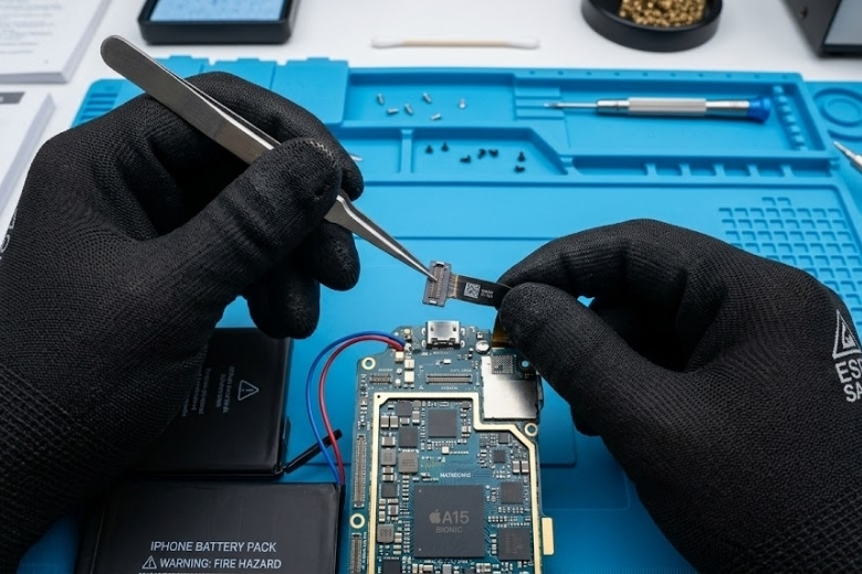 Bảng mạch chủ iPhone đang được sửa chữa dưới kính hiển vi điện tử