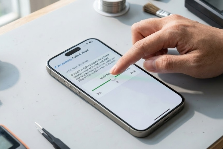 Thao tác kéo thanh cân bằng Audio Balance trên iPhone để khắc phục loa nhỏ