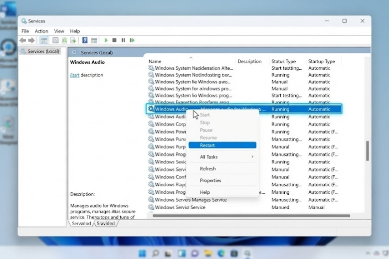 Cách khắc phục lỗi loa laptop bị gạch chéo đỏ nhanh nhất 2 khởi động lại dịch vụ Windows Audio trong cửa sổ Services của hệ điều hành
