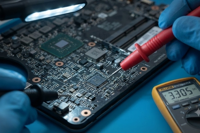 Cách khắc phục lỗi loa laptop bị gạch chéo đỏ nhanh nhất 4 Kỹ thuật viên đo đạc điện áp tại IC Audio Codec trên bo mạch chủ laptop để xác định lỗi mất âm thanh