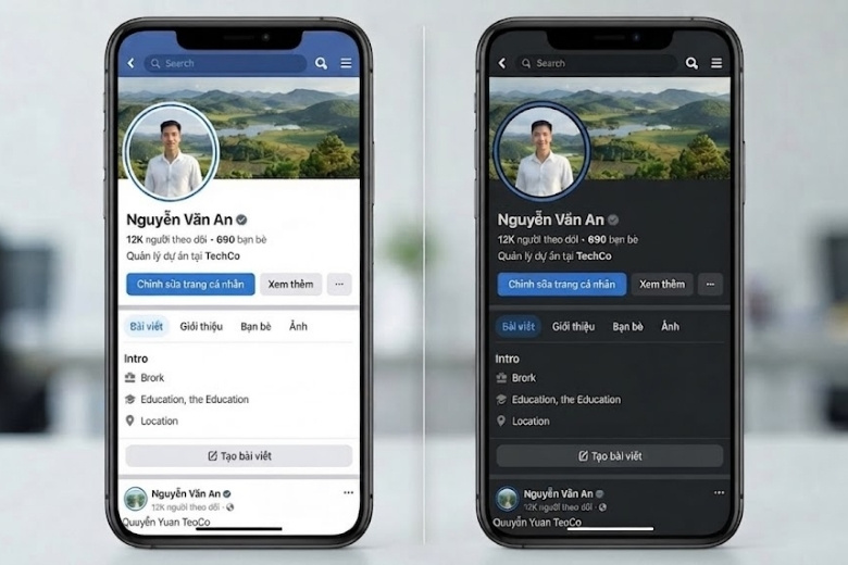 So sánh hiển thị huy hiệu tick trắng Facebook trên nền sáng và nền tối Dark Mode