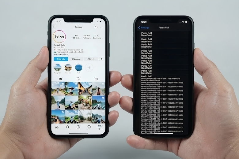 So sánh giao diện ứng dụng Setlog và màn hình mã lỗi Panic Full trên iPhone