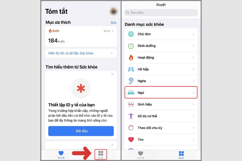 các mục trong ứng dụng Sức khỏe