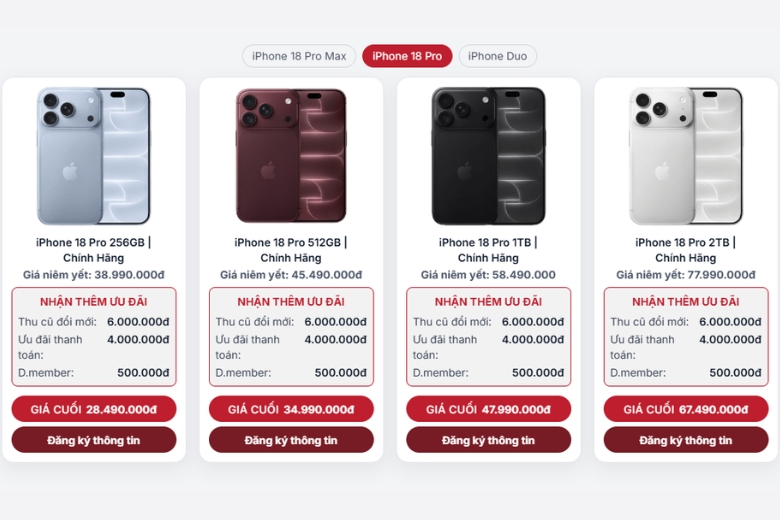 Bảng giá iPhone 18 Pro mới nhất theo từng phiên bản